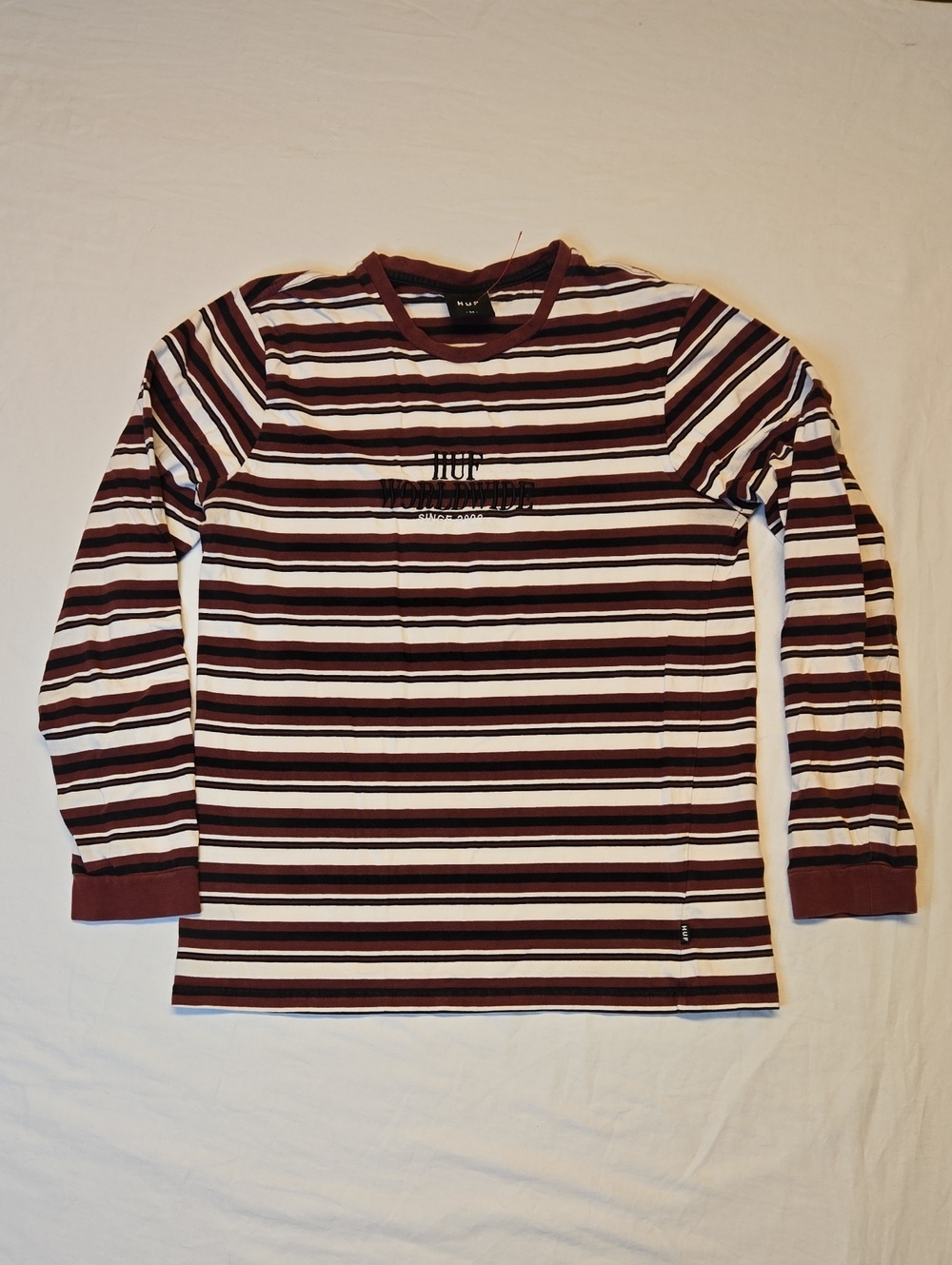 HUF Stripe Long Sleeve Spellout Logo Tee Maroon, White & Black